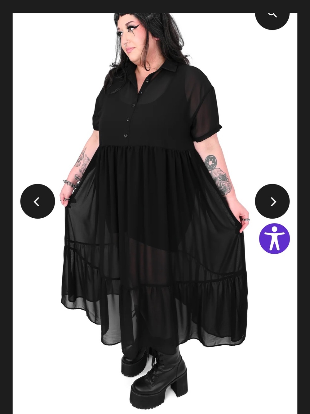 Plus Size Black Sheer Tiered Maxi Dress with Collar